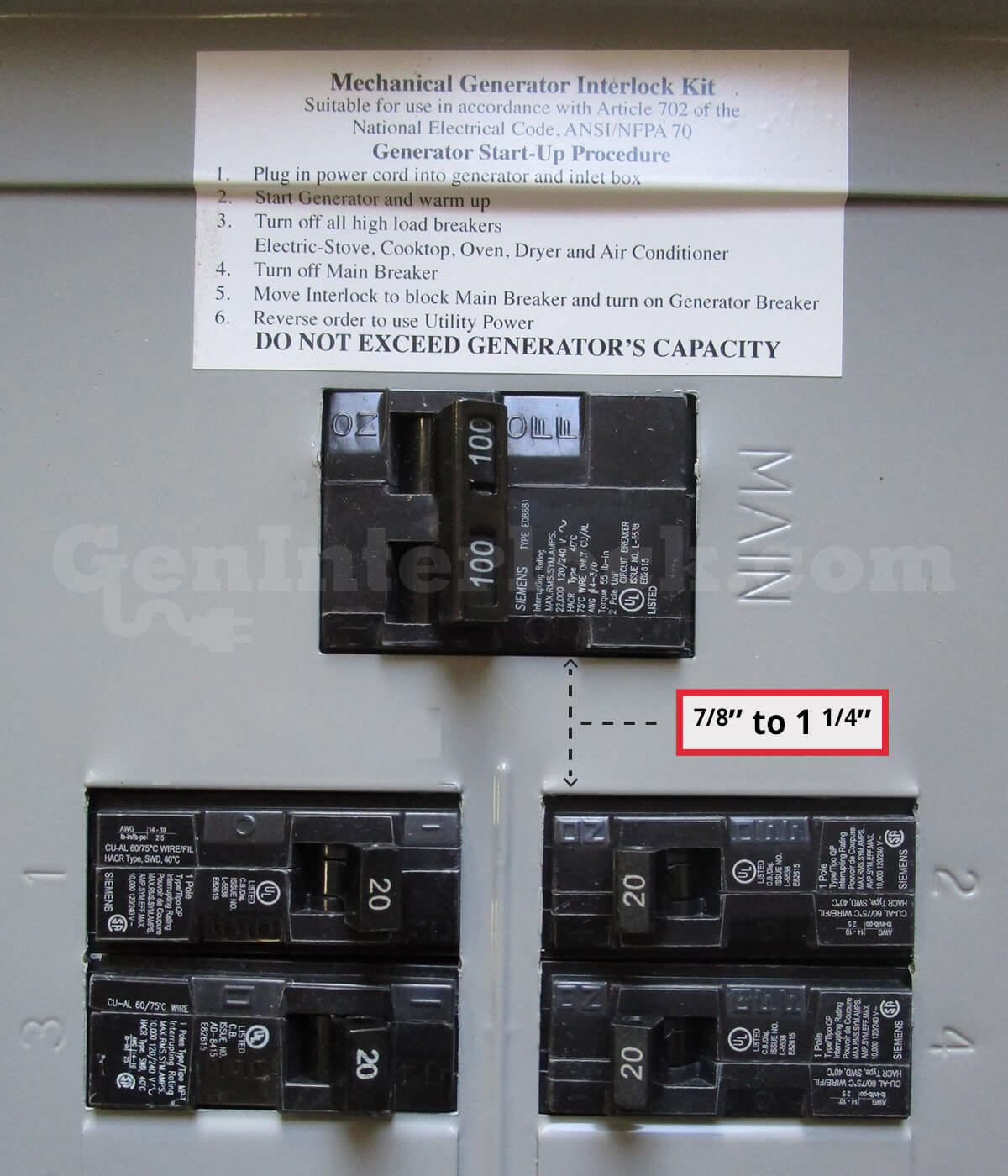 Omgeving Huisje onszelf Generator interlock kit / OEM Siemens and Murray 100 Amp Panels |  GenInterlock